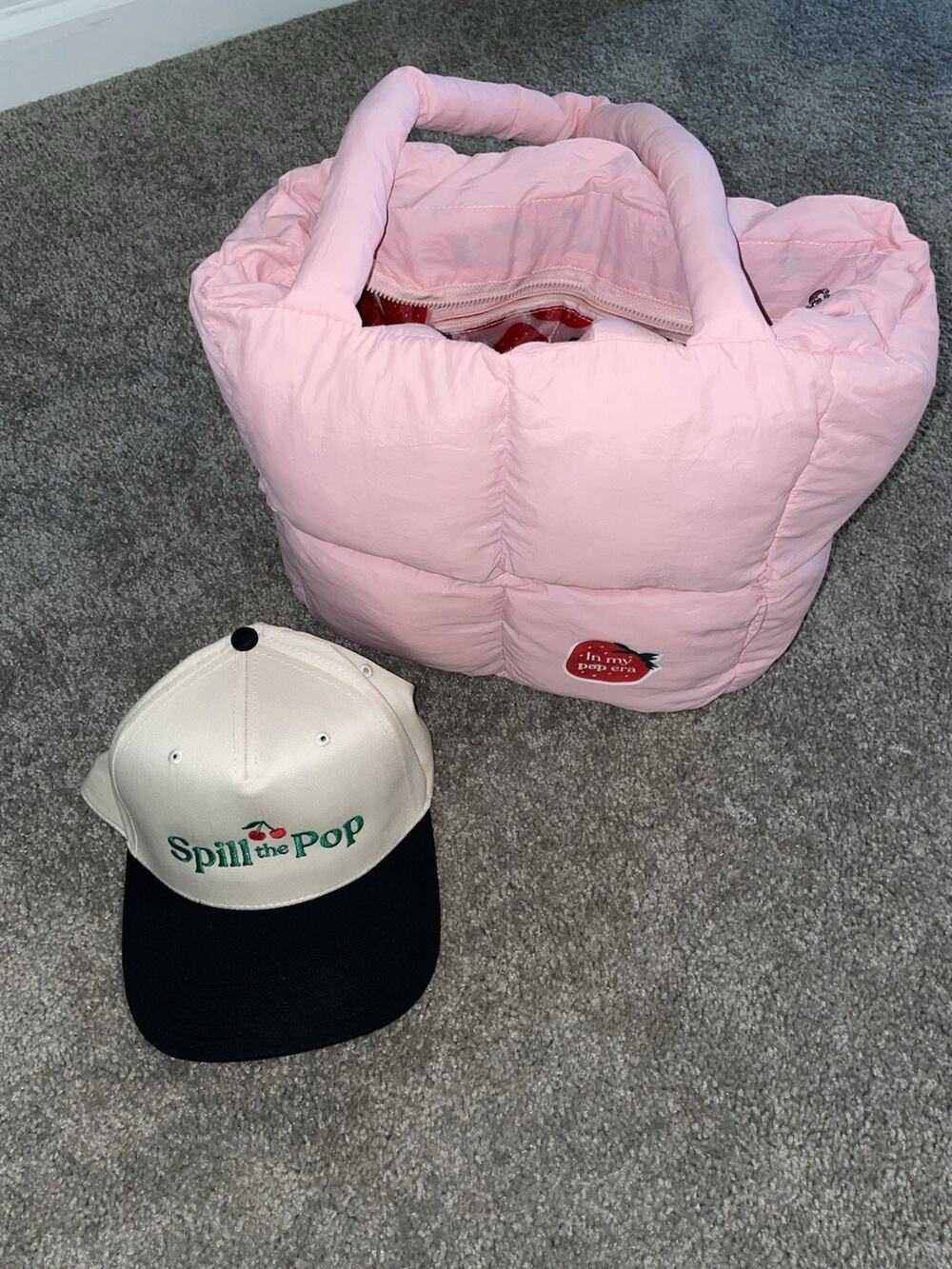 Spill the Pop (Simply Pop x Pretty Basic) Hat/ Pink Puffer Tote Bag